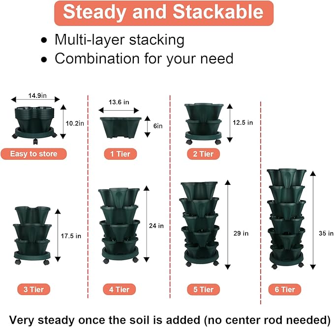 GameXcel Vertical Planter 6 Tier Stackable Planters Garden Planters Strawberry Herb Flower and Vegetable Planter Indoor Outdoor Gardening Pots with Removable Wheels and Tools 2-Pack