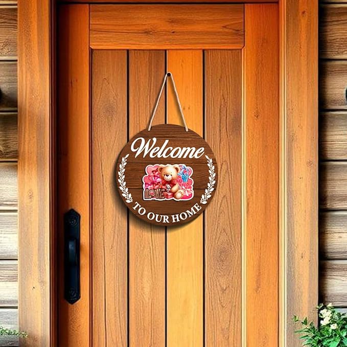 Interchangeable Seasonal Welcome Sign Valentine's Day Door Decoration, Rustic Round Wood Wreath Front Porch Decor, Welcome to Our Home Sign for Spring Summer Fall Winter All Seasons Holiday, Brown