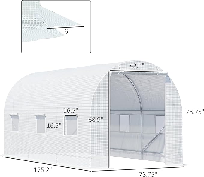 Outsunny 15' x 7' x 7' Walk-in Tunnel Greenhouse, Large Garden Hot House Kit with 6 Roll-up Windows & Roll Up Door, Steel Frame, White