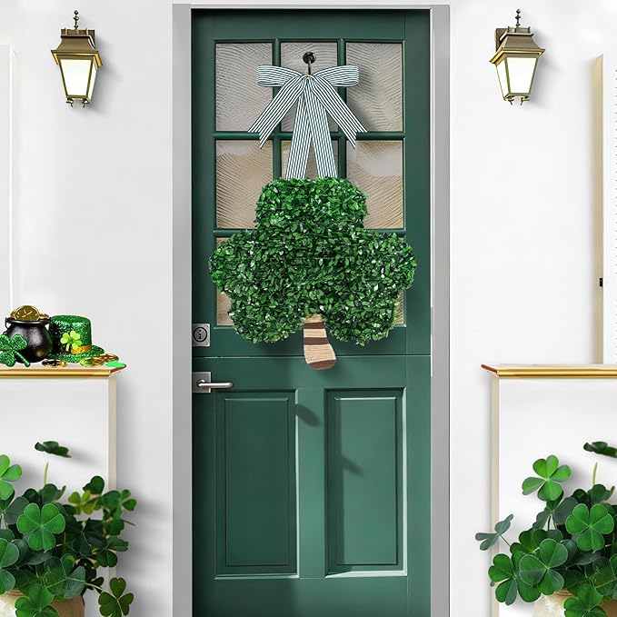 St. Patrick's Day Decorations, St Patricks Day Shamrock Wreath, Lucky Green St. Patrick's Day Door Swag for Fireplace Mantel Walls, Shamrock Clover Hanging Decoration for Front Door Spring Decor