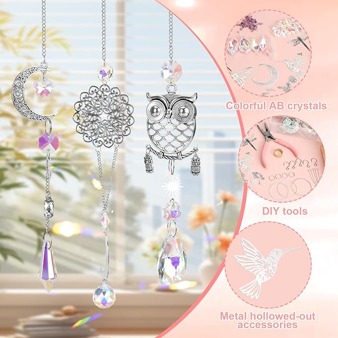 Tarklanda 460 PCS DIY Crystal Suncatcher Craft Kit - Rainbow Maker Hanging Sun Catchers with Hooks Chains Colorful Prism Pendants for Window Garden Home Christmas Decor Wedding Birthday Gifts