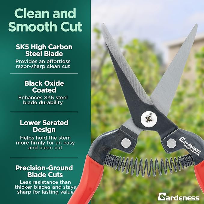 Gardeness SK5 Floral Scissors, Ultra Sharp Straight Pruning Shears – Garden Snips & Flower Clippers for Stems, Leaves, Bonsai and Fruit Picking, Lightweight Effort‑Saving Gardening Scissors (1 Pack)