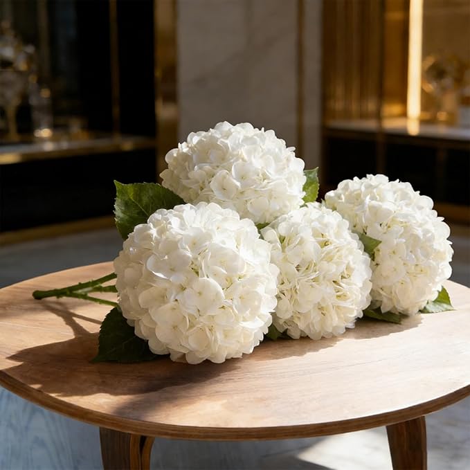 3Pcs 21 Inch White Faux Hydrangea Flowers, 3D Moisturizing Real Touch Latex Fake Flowers with Stems, for Wedding Bouquets Home Table Centerpieces Party Decor (White)