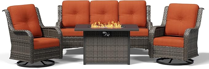 Joyside 4 Piece Wicker Patio Furniture Set with Fire Pit Table, Outdoor Swivel Rocker Patio Chairs with High Back, Deep Seating, Wide Armrest, Thickened Cushions, Outdoor Furniture for Deck, Porch Use