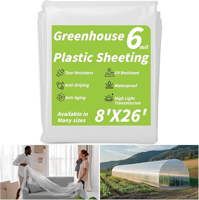 Greenhouse Plastic Sheeting 6 Mil, 8 x 26 FT Transparent UV Resistant Polyethylene Film, Tear-Resistant Green House Hoop Cover for Gardening, Farming, Nursery, Henhouse, Anti-Drip & Weatherproof