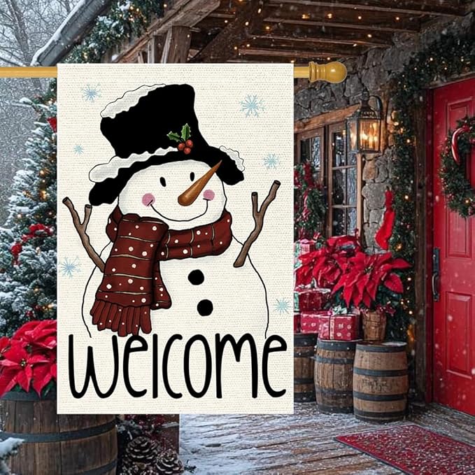 Snowman Snowflake Garden Flag 24x40 Inch Small Double Sided Burlap Vertical,Xmas Winter Welcome Holiday Christmas Decorations Yard Lawn Outdoor Decor Banner (RMQ-67D, 28"X40")