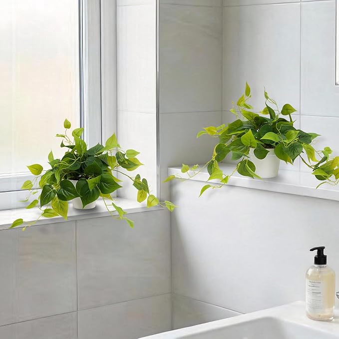 alyptus Fake Pothos Hanging Plants – 33" Set of 2 Faux Ivy Vines Realistic Silk Devil’s Ivy for Indoor Décor, Low Maintenance Artificial Greenery for Home Bathroom or Office - Green with White Pots