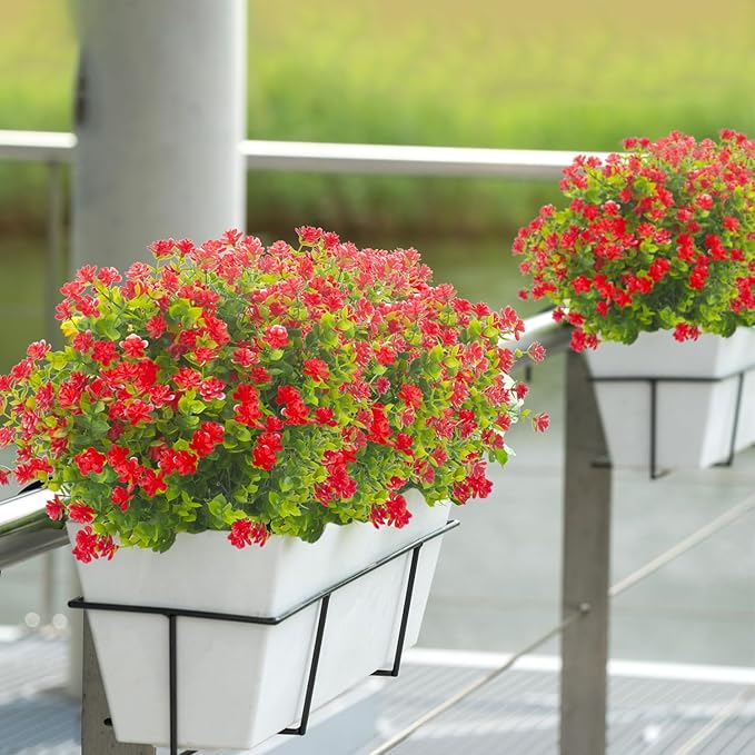 Grunyia 20 Bundles Artificial Flowers UV Resistant Fake Flowers No Fade Faux Plants Garden Porch Window Box Decorating (Red)