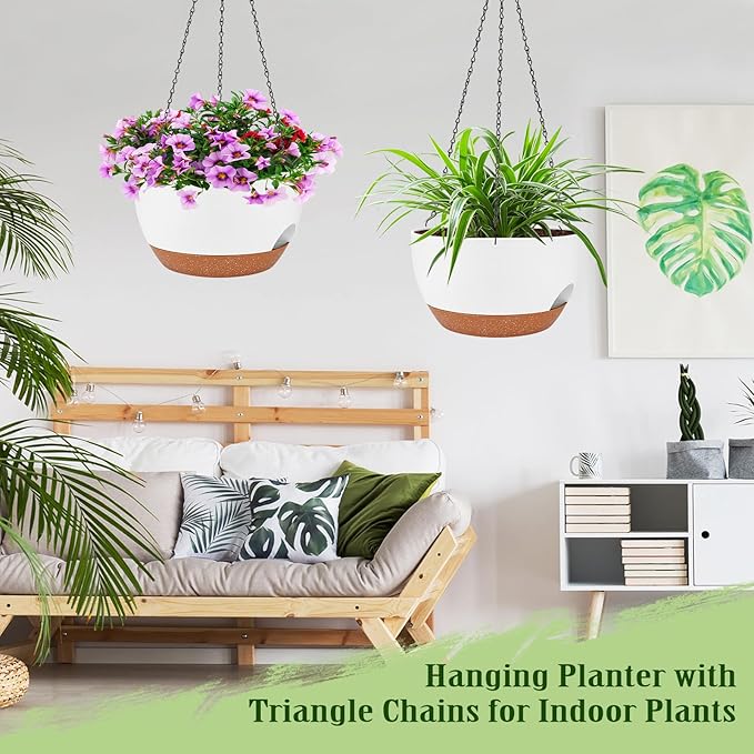 Lucieblessdesign Hanging Planters for Outdoor Indoor Plants, 2 Pack 10 Inch Hanging Basket Plants Outdoor, Self Watering Hanging Planter with Plant Hanger for Garden Home Decoration (White, 10 inch)