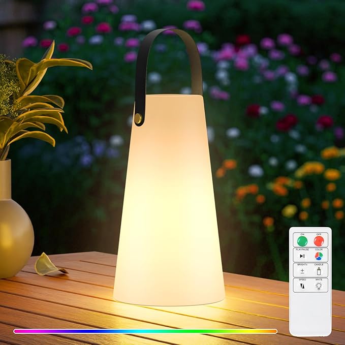 Outdoor Lanterns, GGII Rechargeable Camping Lantern with IP44 Waterproof, Battery Operated Outdoor Portable Cordless Table Lamp with RGB Lights for Patio Balcony Garden (Large Size)