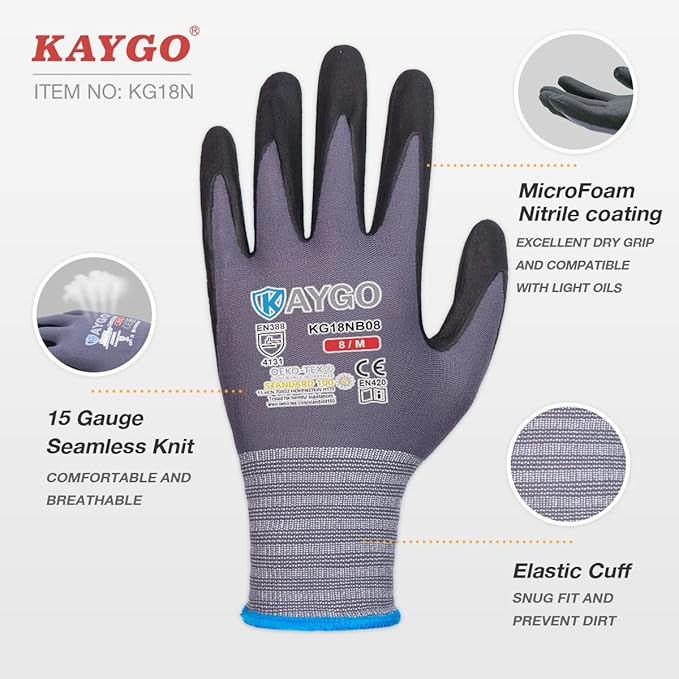 KAYGO Safety Work Gloves MicroFoam Nitrile Coated, 60 Pairs KG18NB,Seamless Knit Nylon Glove for Men and Women, Ideal for Automotive,Warehouse,Construction (X-Large,Gray)