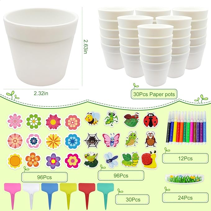 30 Set Garden Paper Pot Craft Kit，DIY Flower Plant Crafts with 216 Foam Stickers Watercolor Pens Plastic Plant Tags for Spring Summer Gardening Art Project Classroom Party Activities (Small)