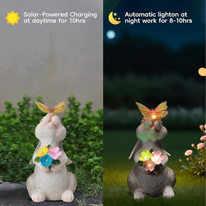 Garden Statue Outdoor Decor, Rabbit Figurines with Solar Butterfly Changing Color LED Lights, Bunny Ornament for Patio Backyard Lawn, Birthday Housewarming Gift for Women Mom Grandma