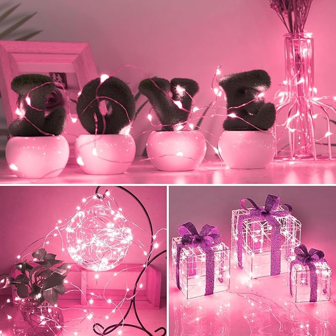 2 Pack Total 200 LED Fairy Lights Battery Operated String Lights with Remote & 8 Modes, 33FT Waterproof Copper Wire Battery Powered Twinkle Lights for Outdoor Christmas Parties Decoration Pink