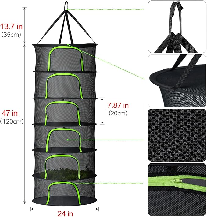 6 Layer Herb Drying Rack, Hanging Mesh Net, Foldable Plant Drying Rack with U-Shaped Double-Headed Zipper, Garden Shears & S Hooks, for Herbs, Plants, Fruits, Seafood, Clothing(23.62''W)
