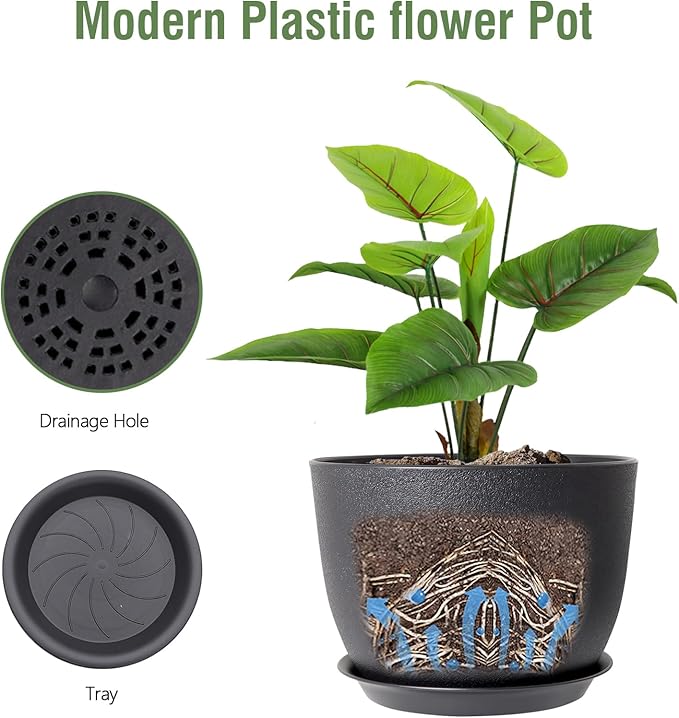 Meowell 12 inch Large Plant Pots, Plastic Planters with Drainage Holes and Saucers, Flower Pots for Indoor Outdoor Plants, Modern Decorative Pots for Garden House Plants, Black