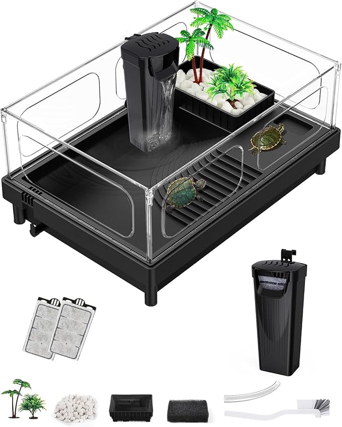 MoonOrange Small Turtle Tank, Aquarium, Acrylic Terrarium with Basking Platform, Bottom Drainage, Multi-Function Areas for Turtles, Crabs, Crayfish, Reptiles.(Black+Filter)