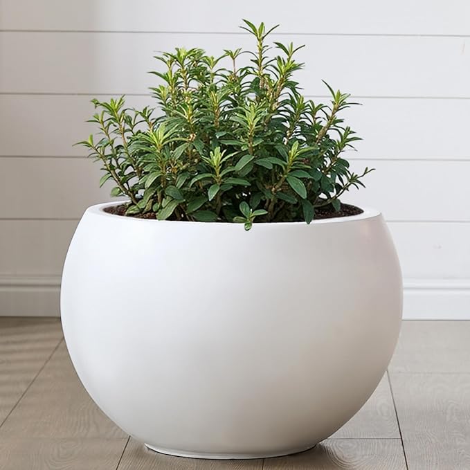 FloraFairy Fiberstone Sphere Planter, 15.8" Dia Round Flower Pot with Drainage Hole and Removable Plug, Plant Pot for Indoor Outdoor Use, 11.8" Opening-10.9" H Medium, White