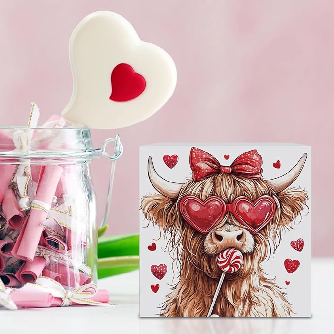 Valentines Day Decorations, Valentines Day Gifts for Her Him, Gift for Boyfriend Girlfriend, Vintage Heart Bow Highland Cow Anniversary Wooden Box Sign Husband Wife Home Office Bedroom Desk Decor