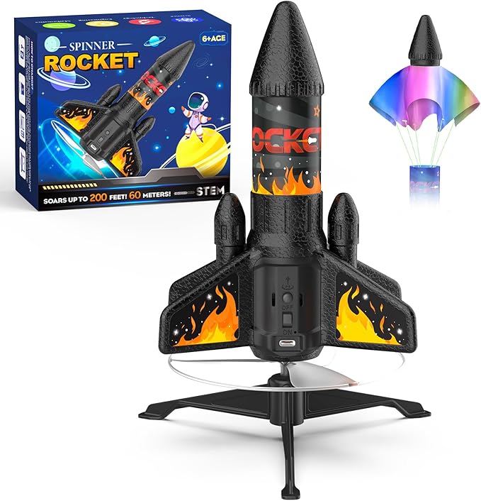 Ovaasy Rocket Launcher for Kids, 200 ft Self Launching Motorized Rocket Toy with LED and Safety Parachute Land, Outdoor Toys Cool Birthday for Boys Ages 8-12 (Orange)