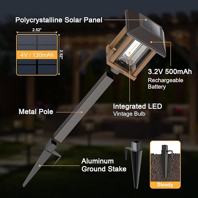 XMCOSY+ Solar Pathway Lights Outdoor Waterproof IP65 - Dual-Tone 25 LM LED Solar Garden Lights for Yard (Two-Tone Bronze & Wood Color, 2 Packs, Warm White)