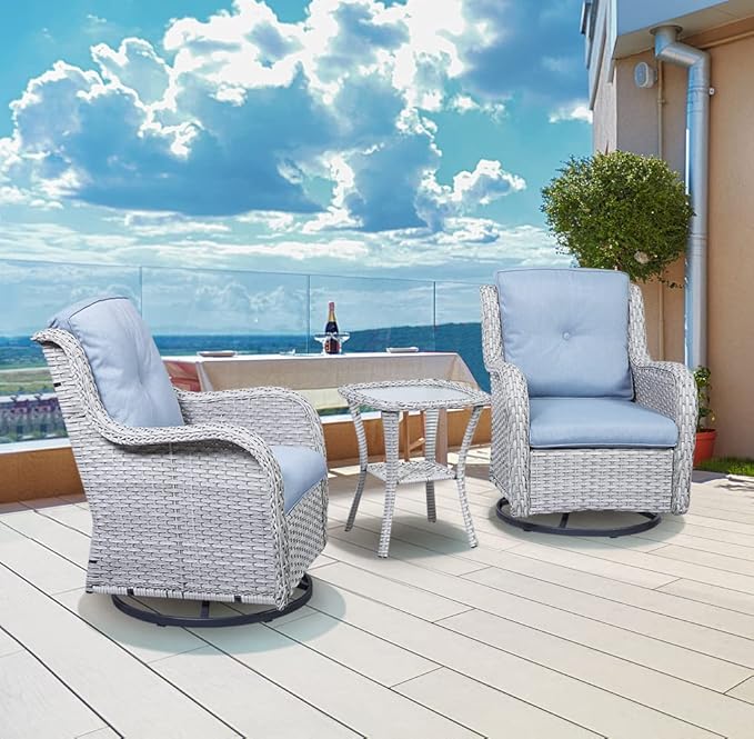 Rilyson Wicker Rocking Chair Swivel Chairs - 2 Piece Rocker Patio Chairs Set Rattan Rocking Chair for Outdoor Porch Deck Garden Backyard(Light Grey/Sky Blue)