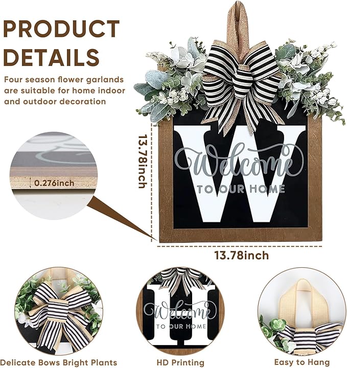 Ultra Large 14'' Last Name All Year Round Front Door Wreath with 26 Initial Letter Welcome Sign All Seasons Eucalyptus Garland and Bow Wreaths for Front Door Porch Farmhouse Decoration(W)