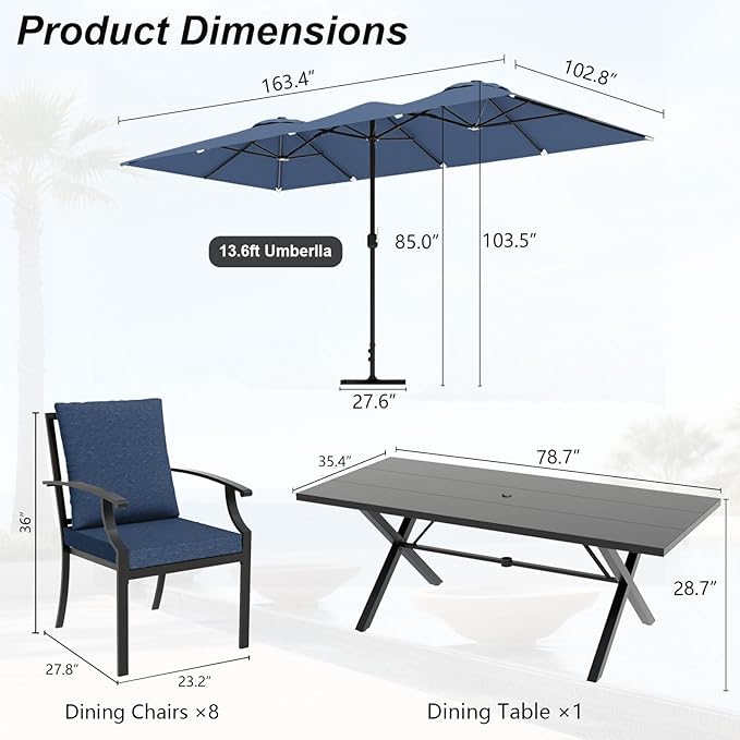 10-Pieces Patio Conversation Set,Metal Outdoor Furniture Set Includes 13.6FT Navy Umbrella,Hole Cut-Out 78.7" x 35.4" Table and 8 Metal Backrest Chairs for Backyard,Garden,Navy