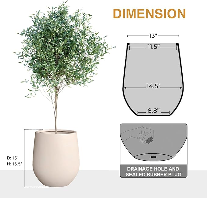 KUTE NEST 16.5" H x 15" D Corso Fiberstone Round Tapered Planter with Drainage Hole, Smooth Finishes, Weather Resistant, Included 2 Extra Coco Mats (Kilim Beige, 11.5" Pot Opening)