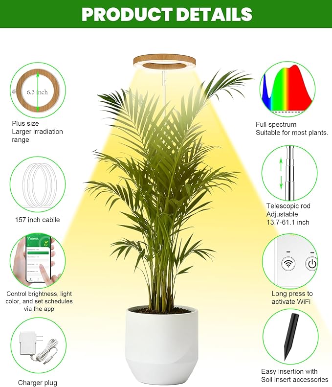 yadoker Plant Grow Light, Smart Plant Light Works with Alexa,Google for Indoor Plants,Height Adjustable,Customized Light Brightnesss,Multiple Timers