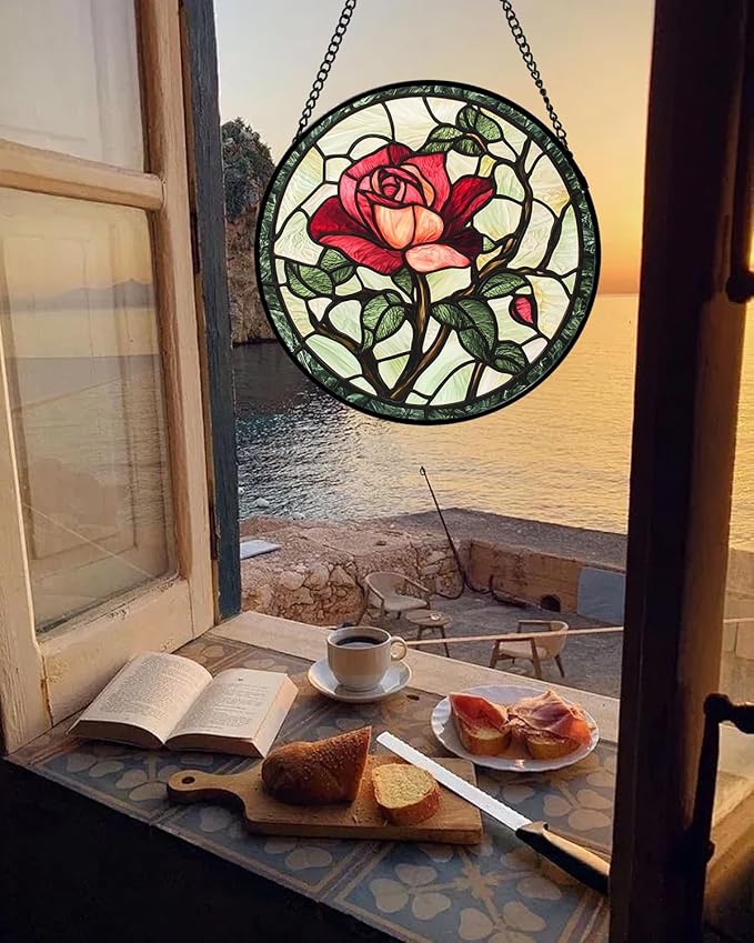 AMDERVEN Stained Glass Window Hanging, Red Rose Flowers Sun Catcher for Door Garden Home Decor Suncatcher Christmas Mother's Day Birthday Gifts for Women Lovers Men Wife Girlfriend Mom Nana 15 in
