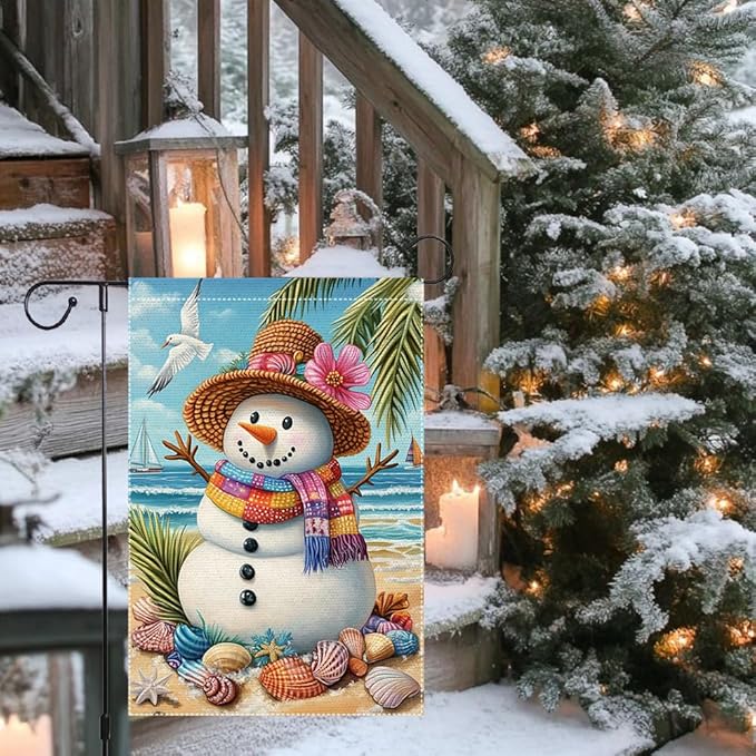 Tropical Christmas Snowman Garden Flag 12x18 Inch Double Sided Burlap Beach Holiday Yard Decor Summer Santa Outdoor Winter House Banner for Patio Porch Lawn Seaside