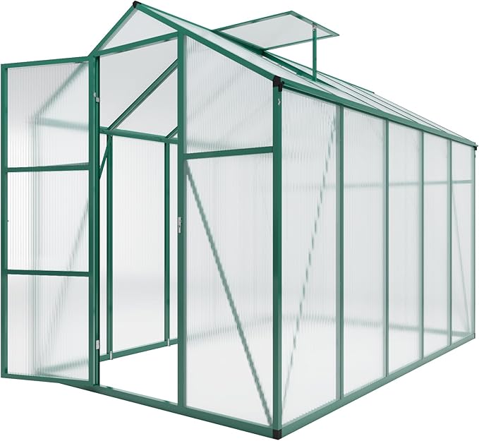 Greenhouse for Outdoors 6.1x10.1x7.2 FT, Polycarbonate Greenhouses with Roof Vent, Lockable Door and Ground Nails, Heavy-Duty Aluminum Walk-in Green House, Large Sunroom for Garden, Green
