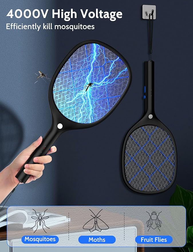 YISSVIC Electric Fly Swatter Bug Zapper Racket 4000V Rechargeable Mosquito Killer with LED Light for Indoor Home Office Backyard Patio Camping (Black Blue)