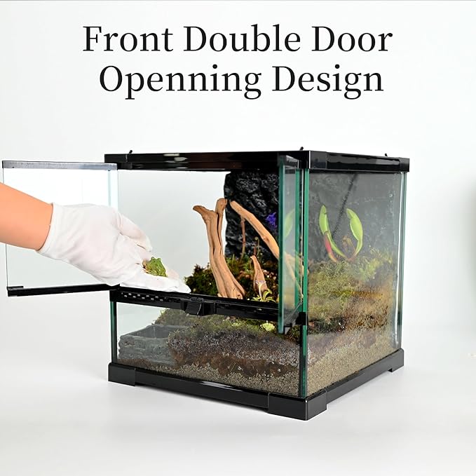 waazoorep Reptile Glass Tank 12"*12"*12" Terrarium Habitat with Double Hinge Door and Top Screen Ventilation for Bearded Dragon,Lizard,Leopard Gecko,Snake,Hermit Crab with Carpet and Hygrothermograph