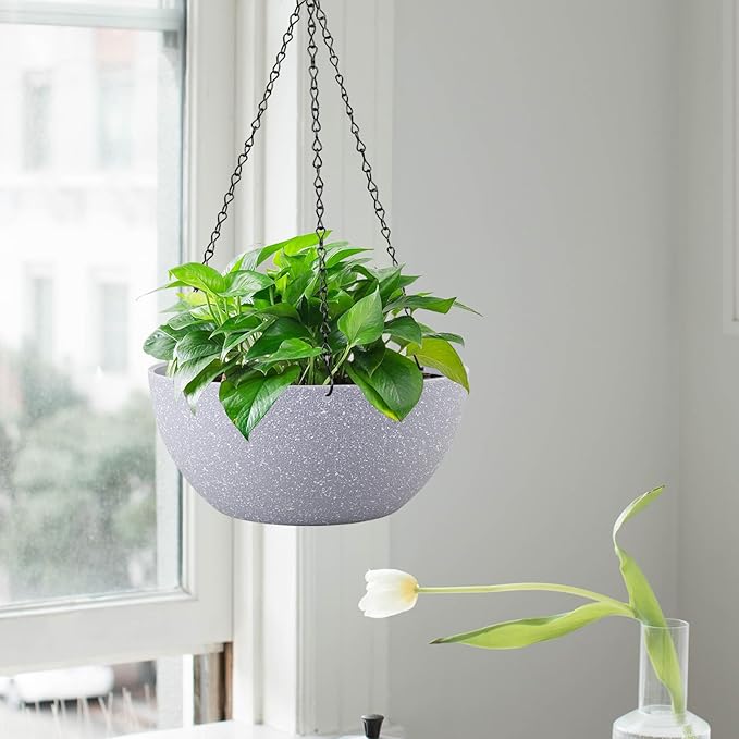 WSMKSZ 13 inch Large Hanging Planters Plant Pots for Outdoor Indoor Plants with Drainage Holes and Chain, 2 Pack Round Hanging Flower Pots for Garden Home Porch Decor, Speckled Grey