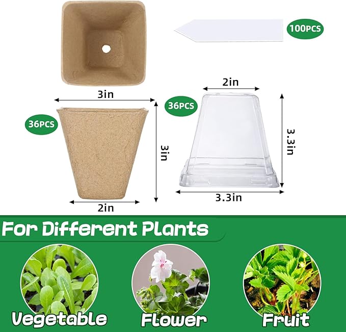 Aulock 36 Sets Plant Nursery Pots with Humidity Dome - 3in Seed Starting Pots, Square Peat Pots with 100 Labels for Garden Flowers Herbs Vegetables Seedlings