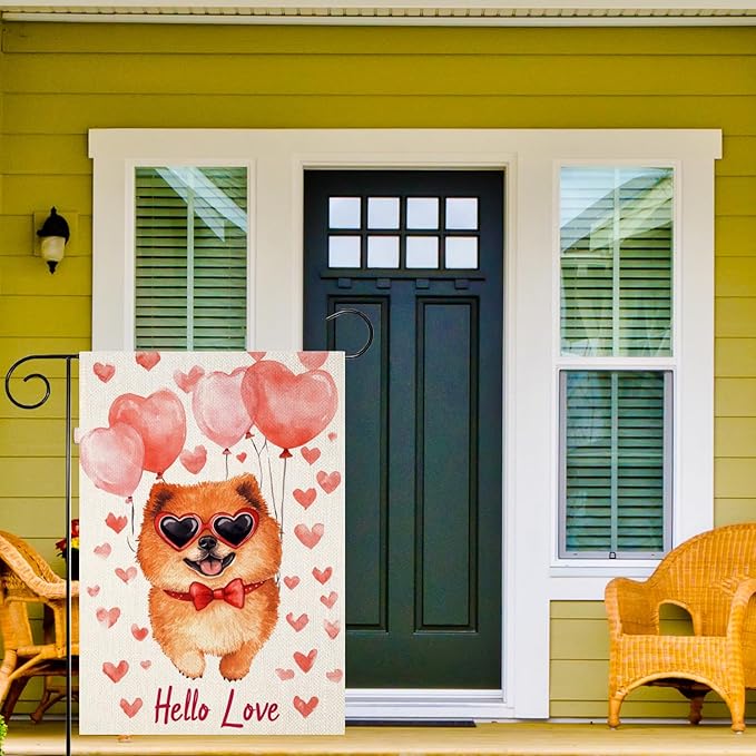 Valentine's Day Chow-Chow-Dog Hello Love Garden Flag, House Yard Plaid Love Heart Outside Decoration, Spring Holiday Wedding Anniversary Outdoor Small Decor 12x18(12654)