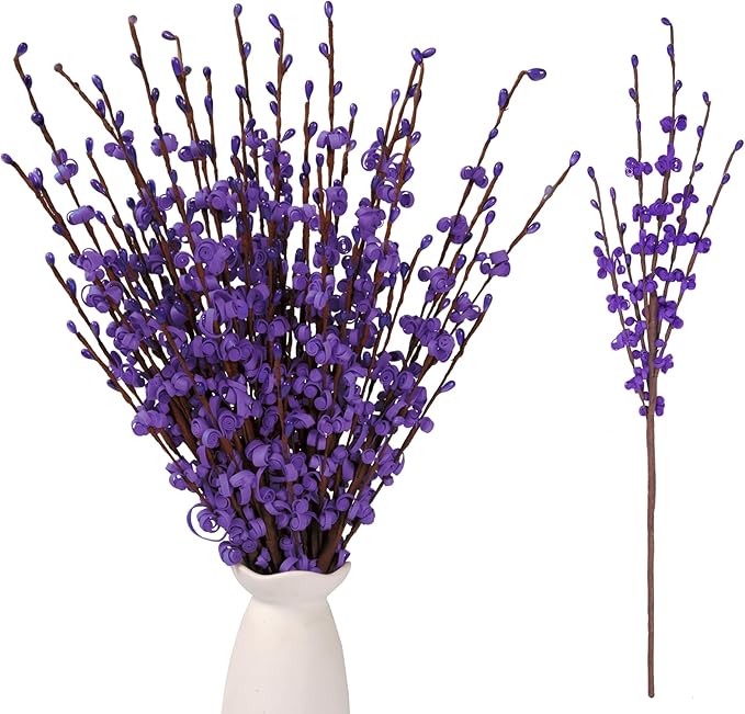 10Pcs 17.5'' Purple Long Stem Artificial Jasmine Flowers Faux DIY Floral Art with Pussy Willow Branches for Wedding Bouquets Home Office Table Centerpieces Birthday Party Decorations