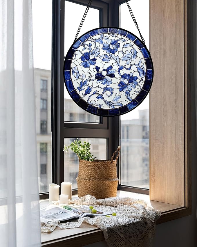 AMDERVEN Stained Glass Window Hanging, Blue and White Abstract Flowers Sun Catcher for Door Home Decor Suncatcher Christmas Mother's Day Birthday Gifts for Women Men Mom and Nana 6.3 in