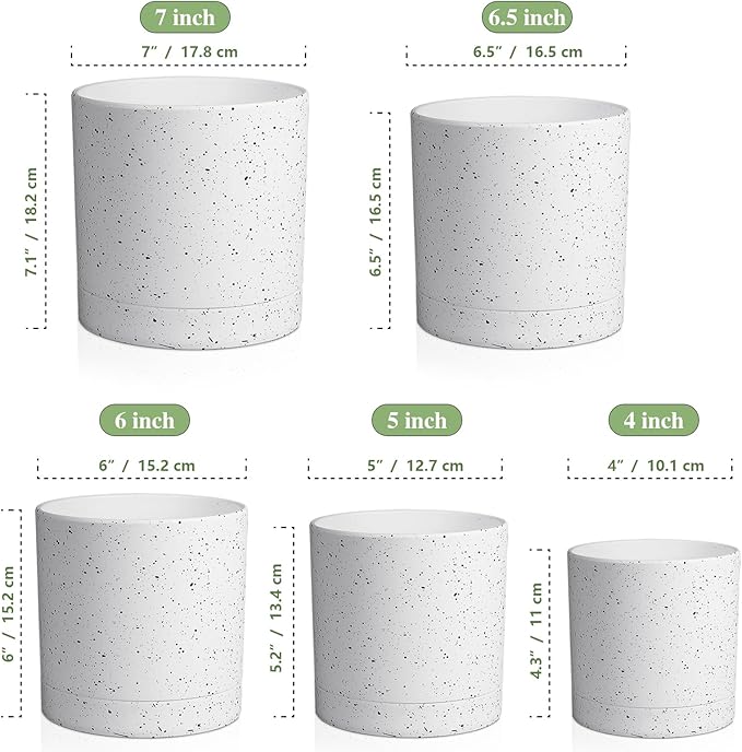 Meowell 7/6.5/6/5/4 inch Plant Pots, 5 Pack Cylinder Flower Pots for Small Indoor Outdoor Plants, Plastic Planters with Drainage Holes and Saucers for Garden Succulent House Plants, Speckled White