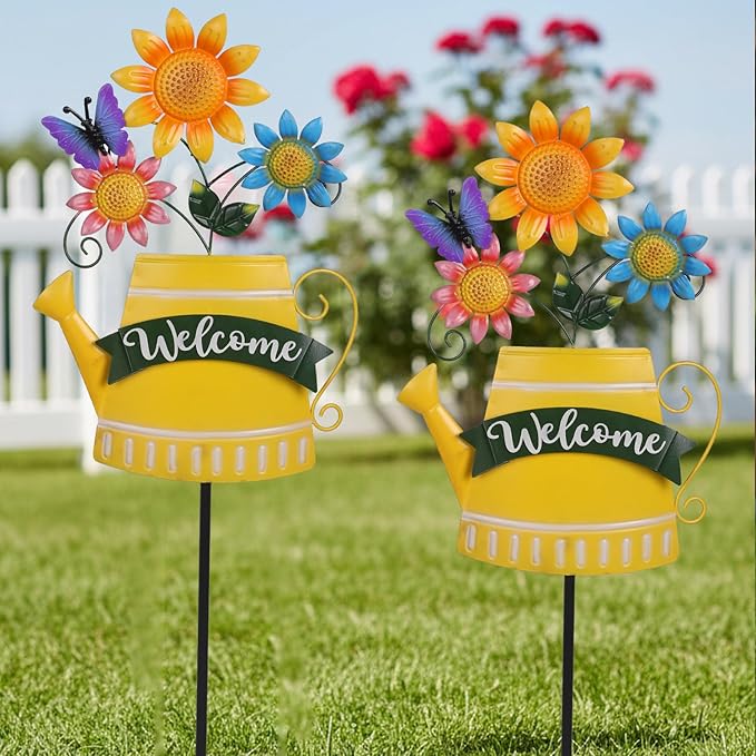 48inch Spring Metal Flowers for Outside with Decorative Butterfly, Tall Flower Garden Stakes Metal Welcome Signs for Outside, Yard, Lawn, Pathway, for Mom