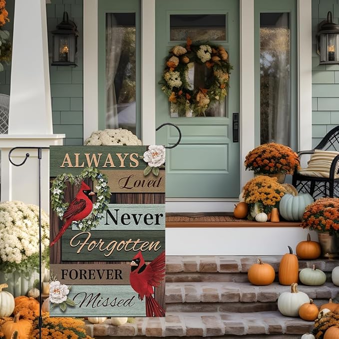 Cardinal Memorial Garden Flag 12x18 Inch Double Sided Outside, Always Loved Never Forgotten Memorial Day Gravesite Saying Yard Outdoor Decoration