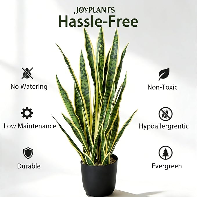 Fake Snake Plant, 27" Fake Potted Plants with Black Pot Realistic Artificial for Home Decor, Low Maintenance No Watering Needed Faux Plants for Desk Corner Office & Pet Areas(yellow-27in)