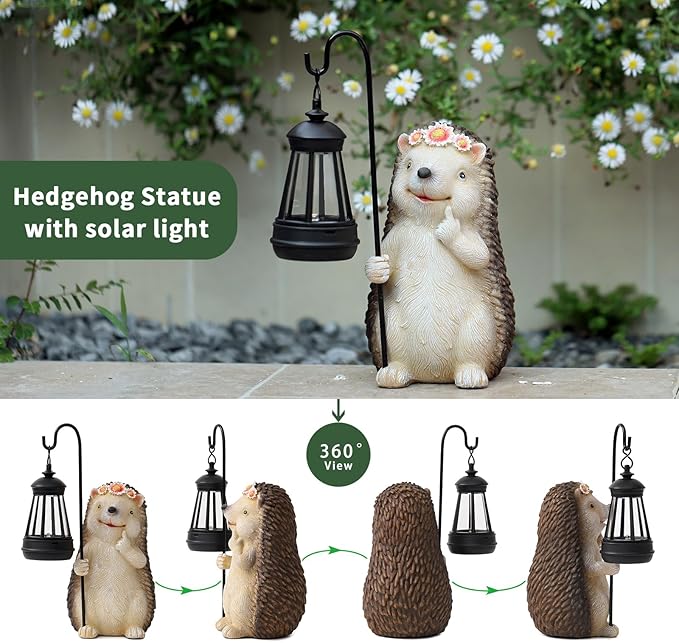 Ploxoiven Garden Hedgehog Gnome Statue Decorations - Solar Resin Hedgehog with Solar Garden Lights Outdoor Decorations for Patio,Yard,Lawn,