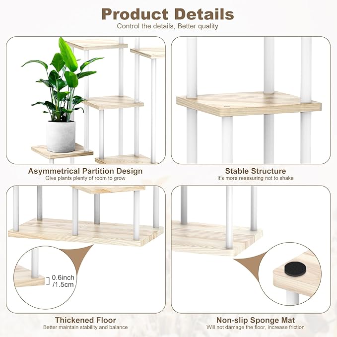 YOCOMEY 7 Tier Wood Tall Plant Stand Metal Rack Indoor, Multiple Flower Pot Holder Shelves Corner Rack, Planter Shelf Display Rack Storage Organizer for Patio Living Room Balcony Garden(White Oak)