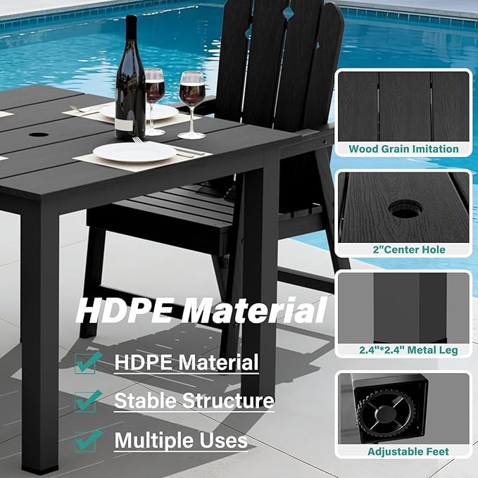 5-Piece Patio Dining Set, Outdoor Dining Set for 4, HDPE All-Weather Outdoor Furniture with 35.43” Umbrella Hole Table, 4 Armchairs, Black