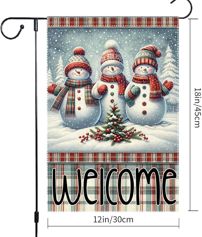 Welcome Snowman Garden Flag 12x18 Inch Double Sided Winter Christmas Burlap Yard Flag Holiday Outdoor Seasonal Decoration for House Lawn Porch Patio Home Decor