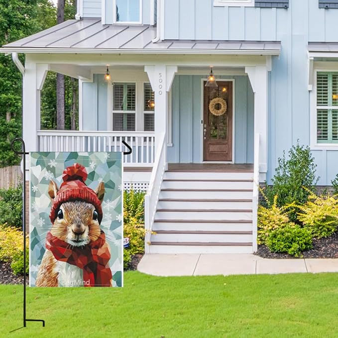 Squirrel with Red Scarf and Hat Snowflake Christmas Garden Flag, 28x40 Inch Double Sided Linen Holiday Red Winter Farmhouse Yard Outdoor Decoration (4320)