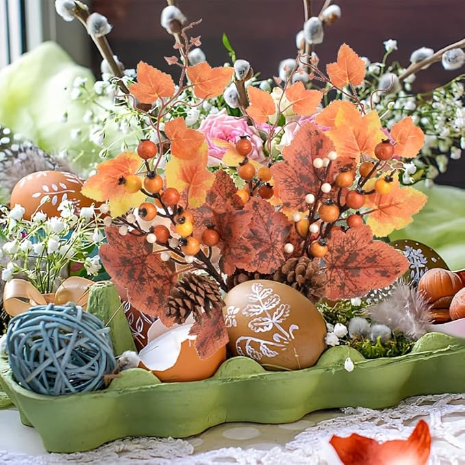 Fall Floral Picks 4PCS, Maple Leaf Pinecone Berries Branch Artificial Autumn Picks and Sprays for Farmhouse Autumn Vase Halloween Thanksgiving Decor